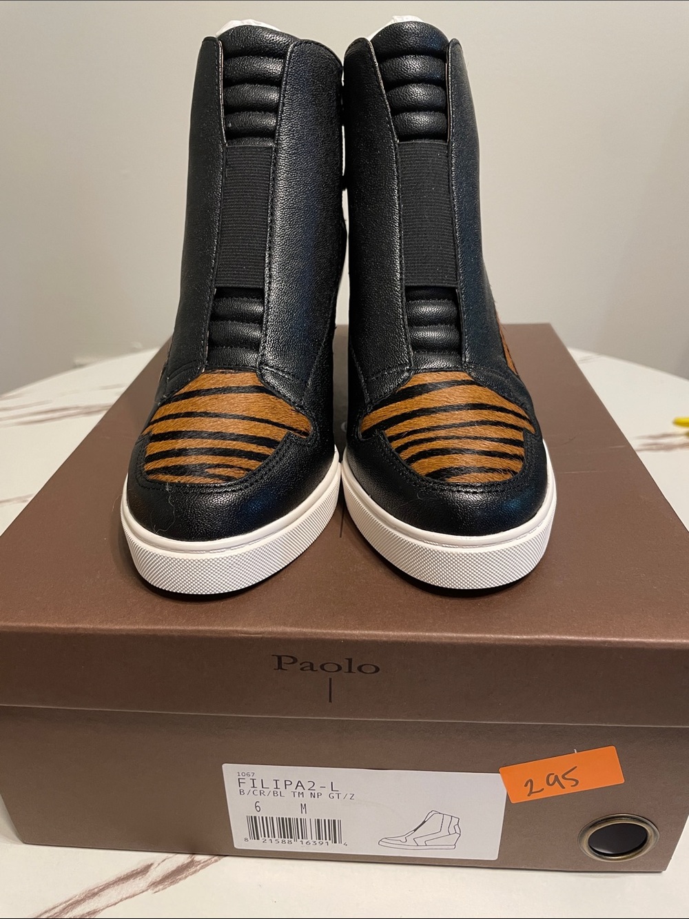 PAOLO Leather Raised Heel women Boots with animal printNew in Box Sz 6M